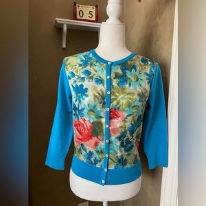 Ann Taylor, teal blue, silk, cardigan, sweater, ladies, floral size M.